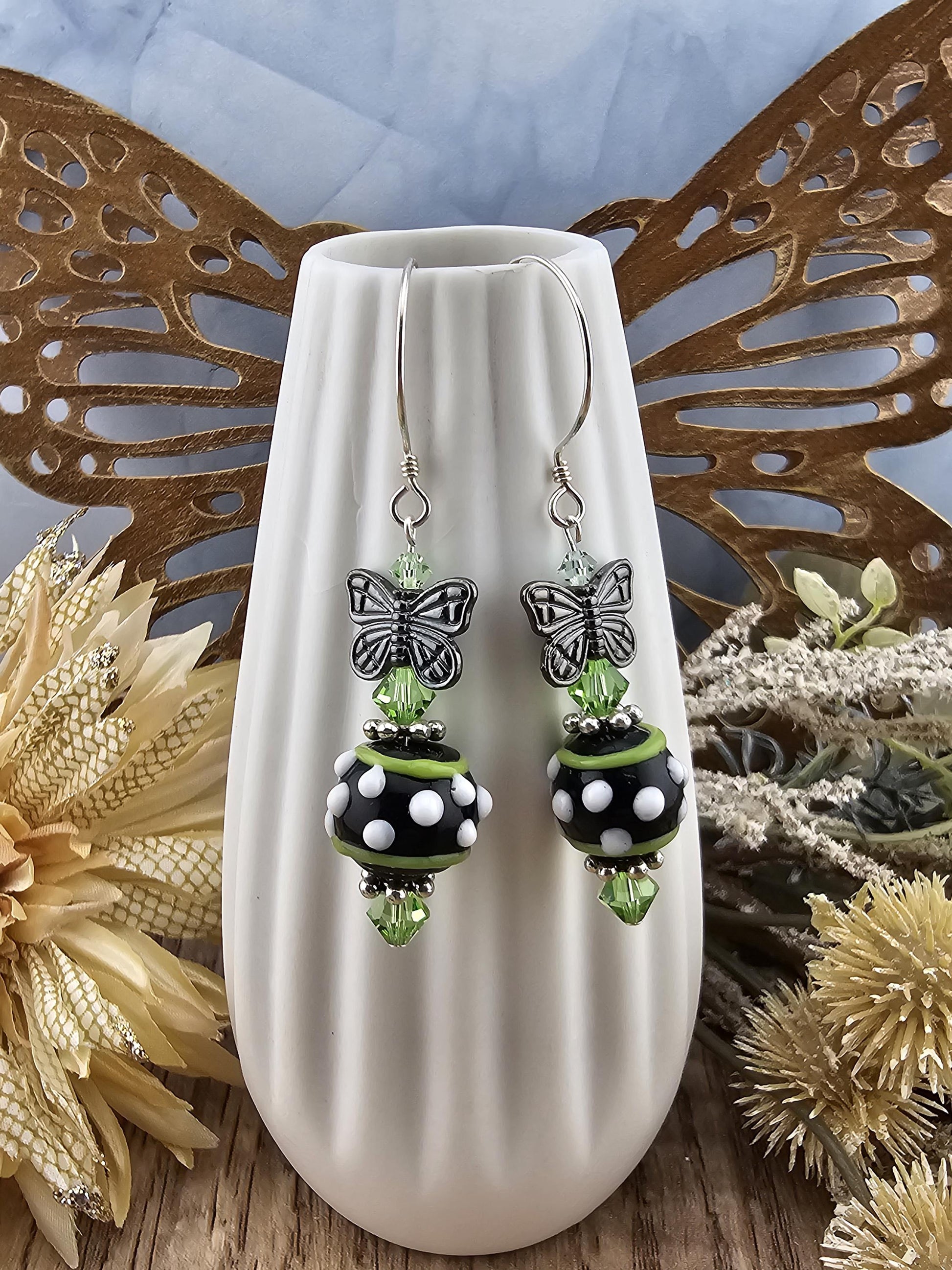 SS Speckled Butterfly Artisan Glass Earrings, Sterling Silver Earring Wire