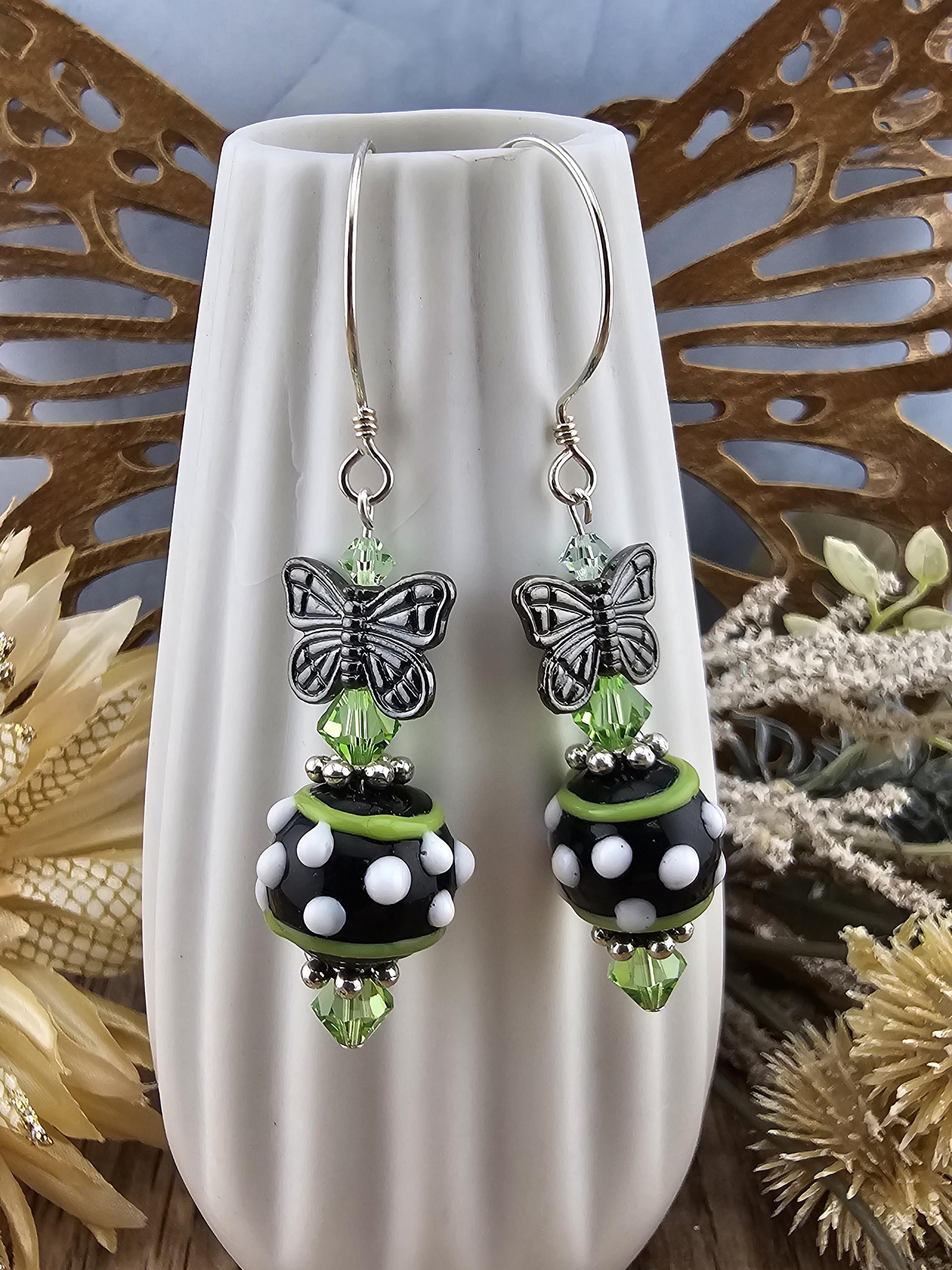 SS Speckled Butterfly Artisan Glass Earrings, Sterling Silver Earring Wire