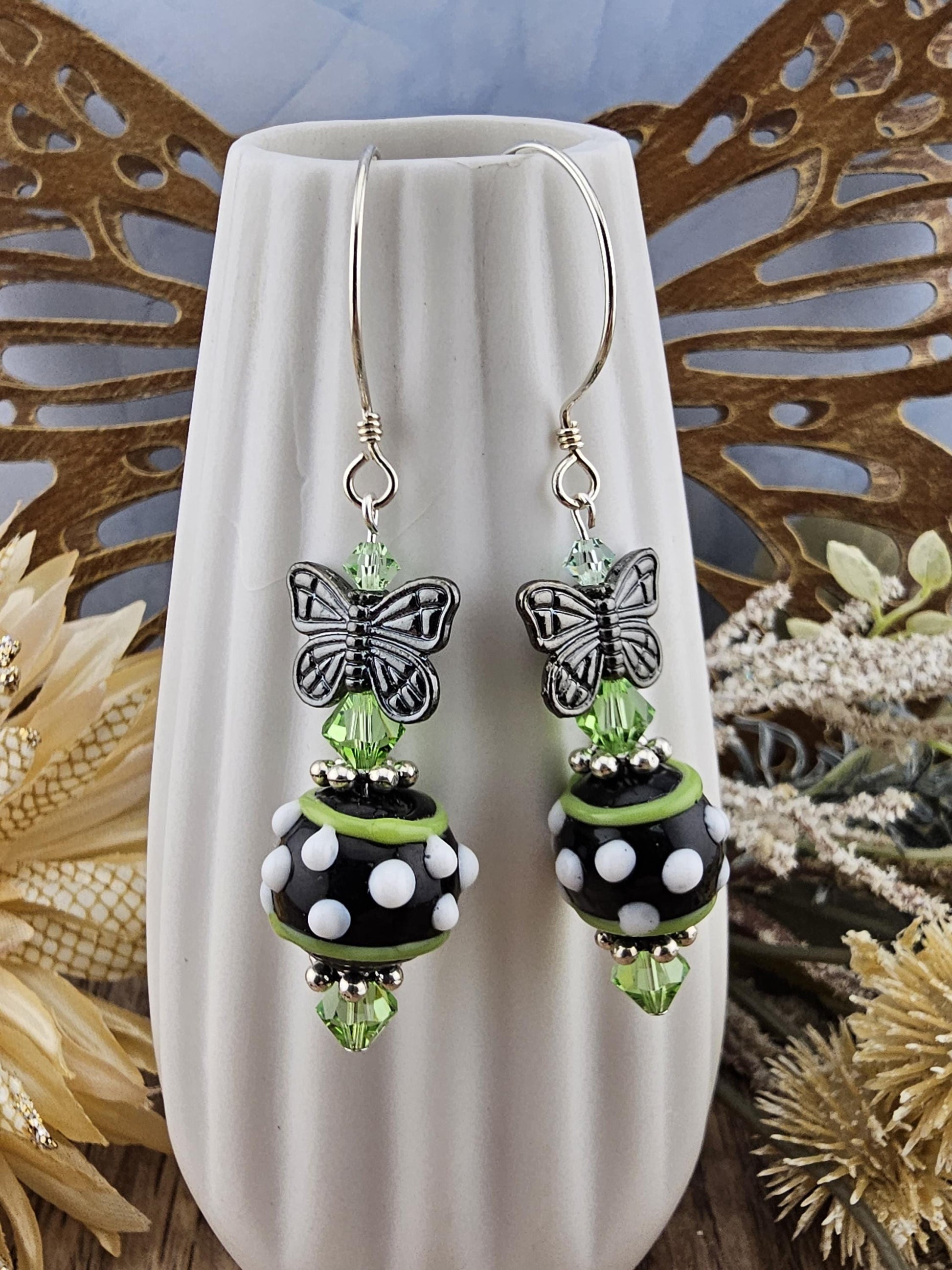 SS Speckled Butterfly Artisan Glass Earrings, Sterling Silver Earring Wire