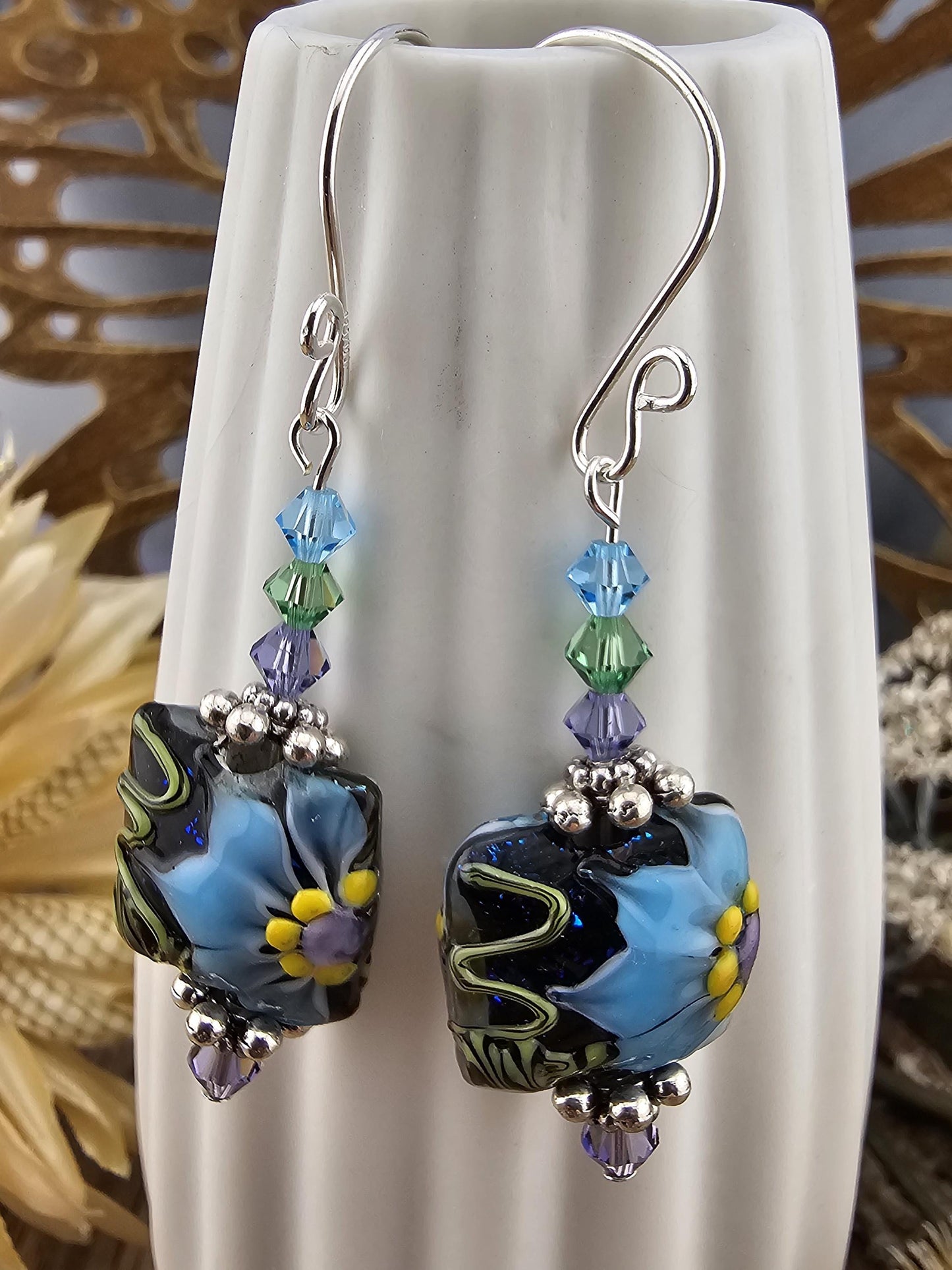 SF Mystic Bloom Artisan Glass Earrings, Lampwork Glass Bead by a talented artisan, Silver Filled Earring Wire