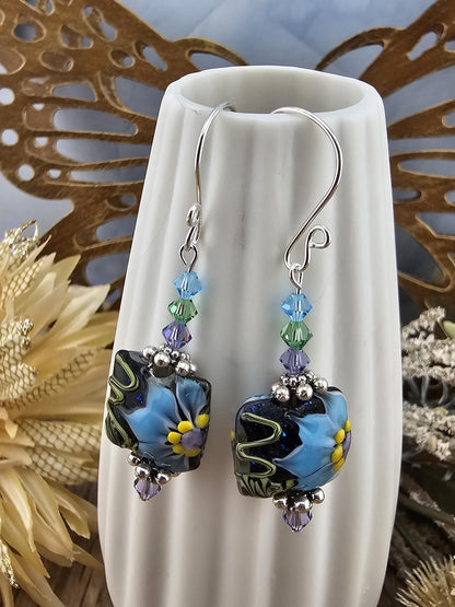 SF Mystic Bloom Artisan Glass Earrings, Lampwork Glass Bead by a talented artisan, Silver Filled Earring Wire