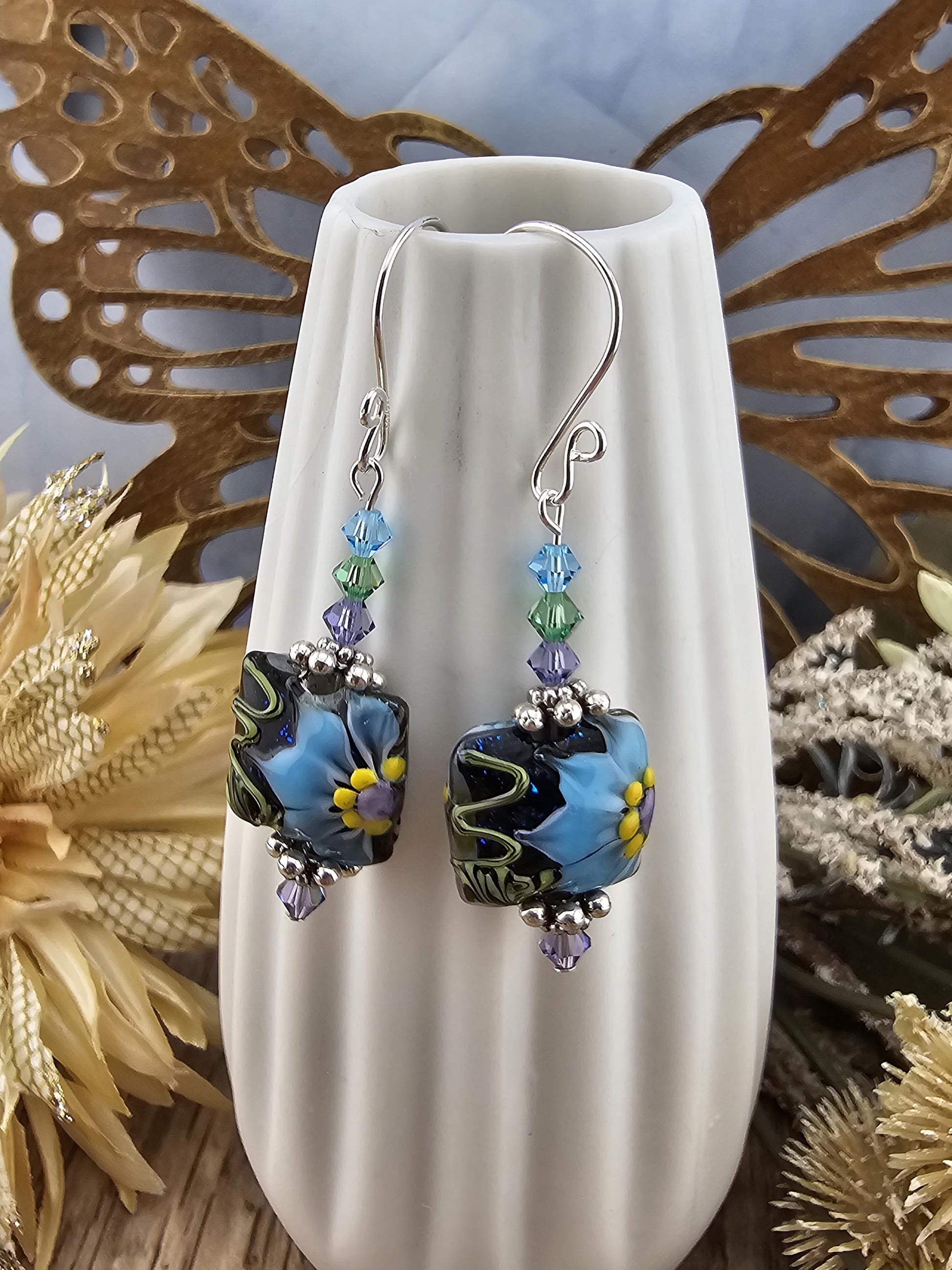 SF Mystic Bloom Artisan Glass Earrings, Lampwork Glass Bead by a talented artisan, Silver Filled Earring Wire