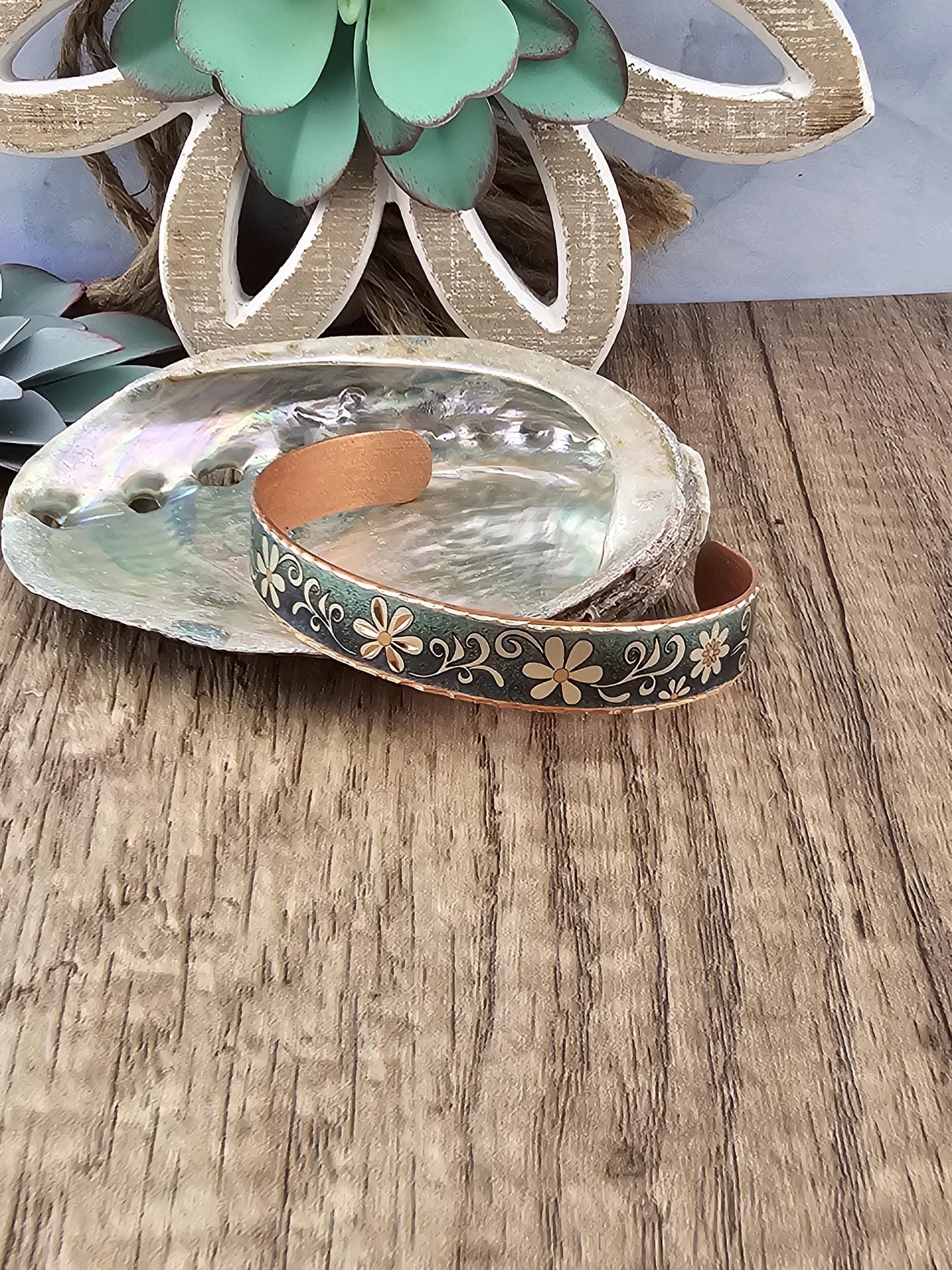 BR - Blue Turquoise Color Flower Artisan Bracelet - Beautiful adjustable COPPER cuff bracelet.