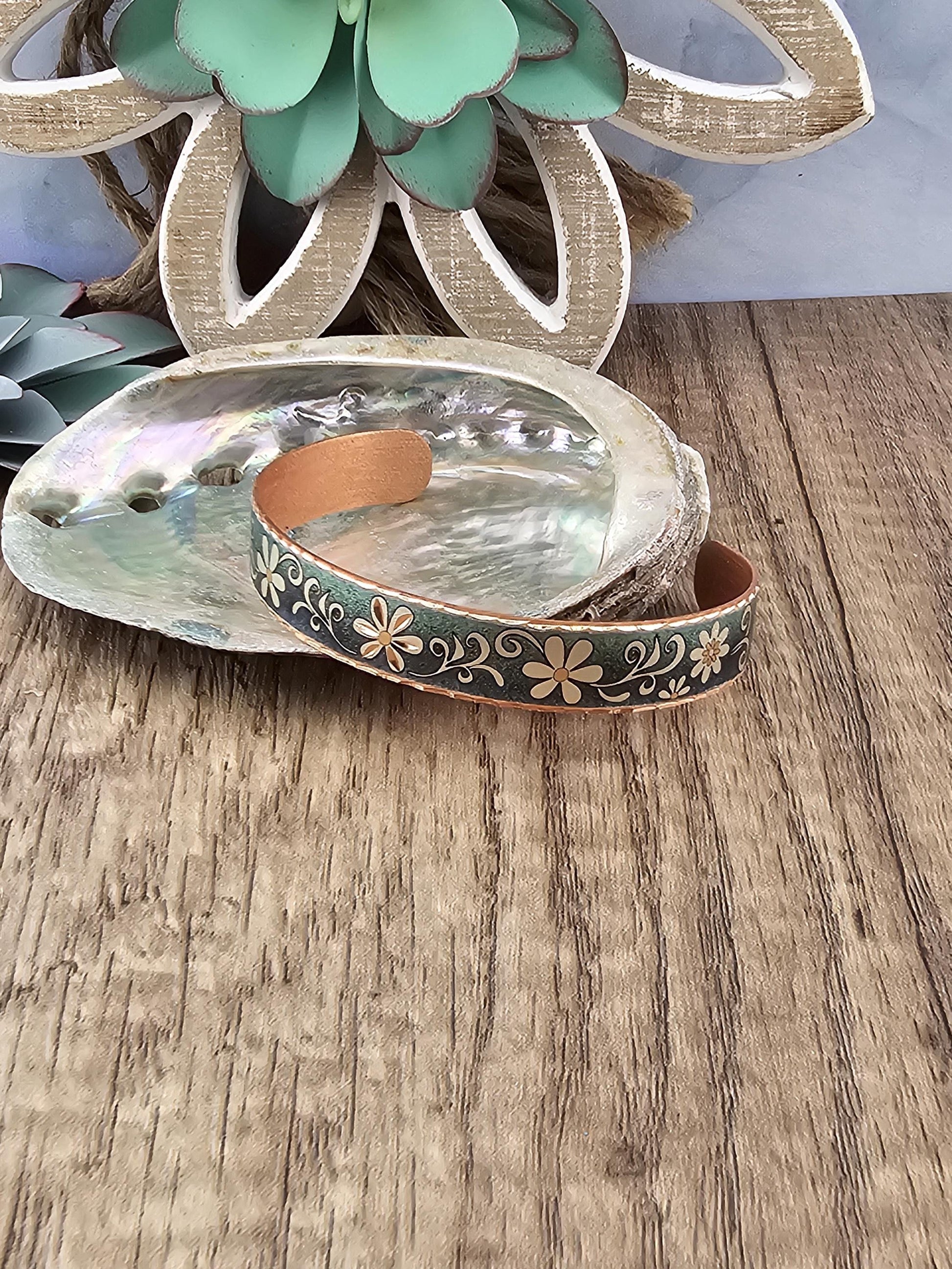 BR - Blue Turquoise Color Flower Artisan Bracelet - Beautiful adjustable COPPER cuff bracelet.