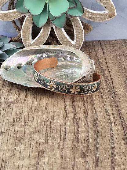 BR - Blue Turquoise Color Flower Artisan Bracelet - Beautiful adjustable COPPER cuff bracelet.