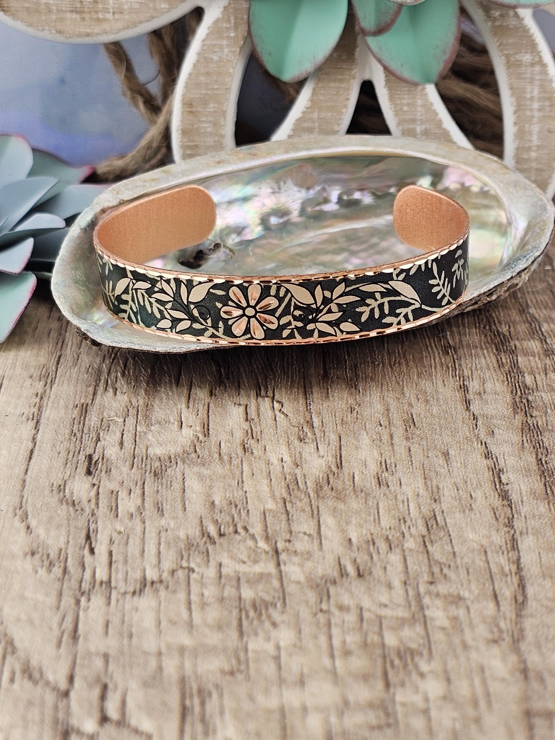 BR - Dark Emerald Green Flower Artisan Bracelet - Beautiful adjustable COPPER cuff bracelet.