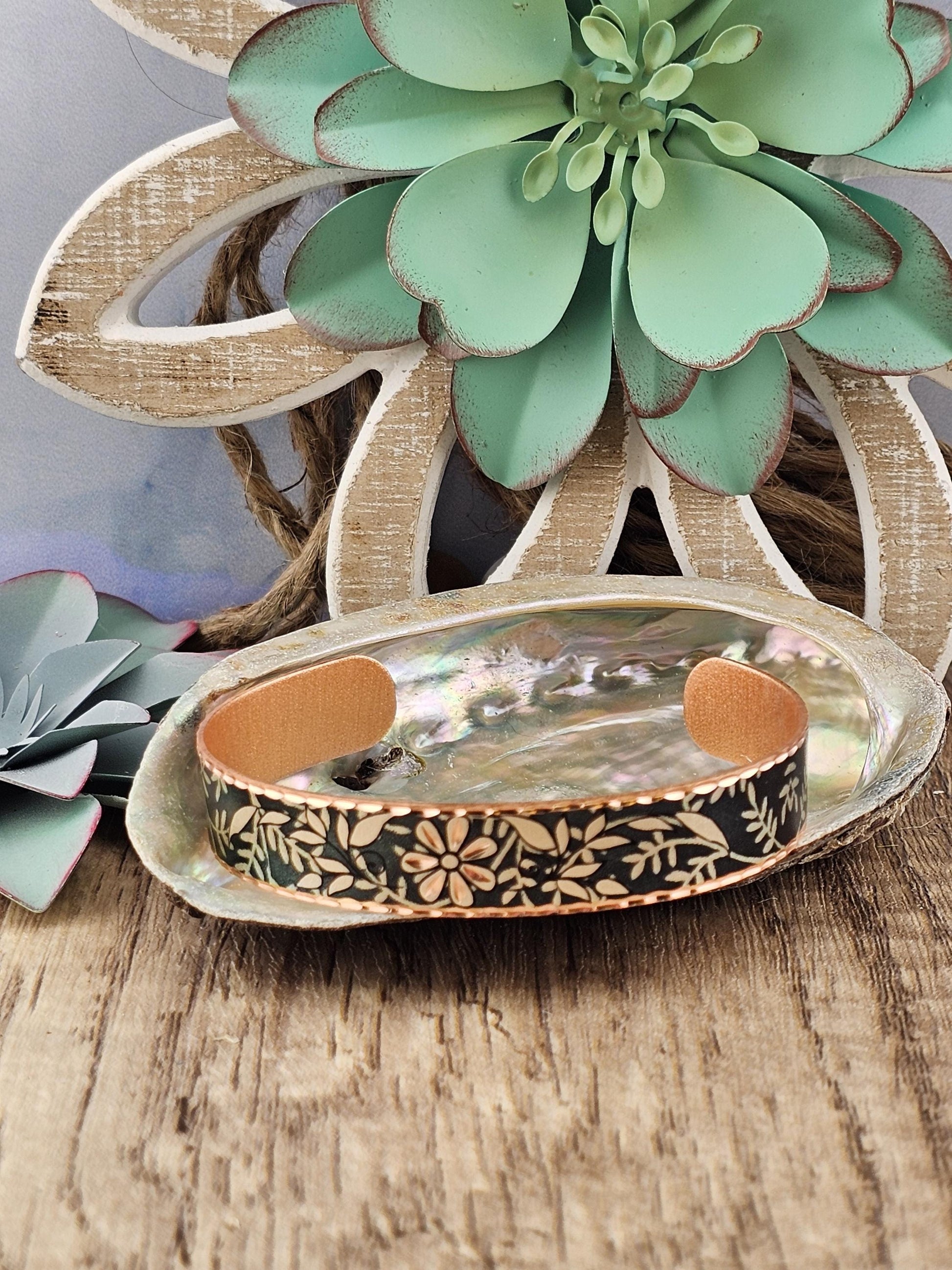 BR - Dark Emerald Green Flower Artisan Bracelet - Beautiful adjustable COPPER cuff bracelet.