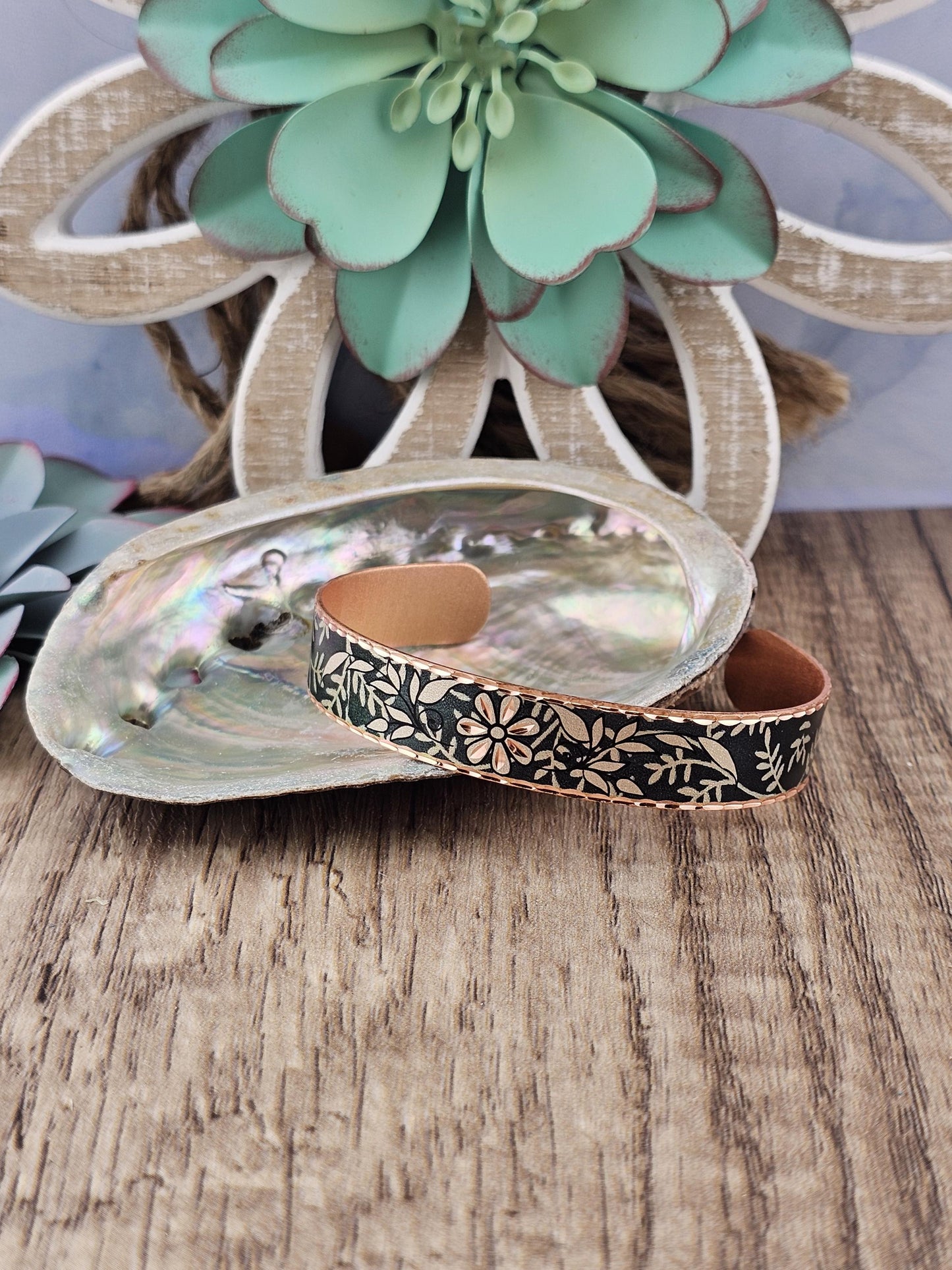 BR - Dark Emerald Green Flower Artisan Bracelet - Beautiful adjustable COPPER cuff bracelet.