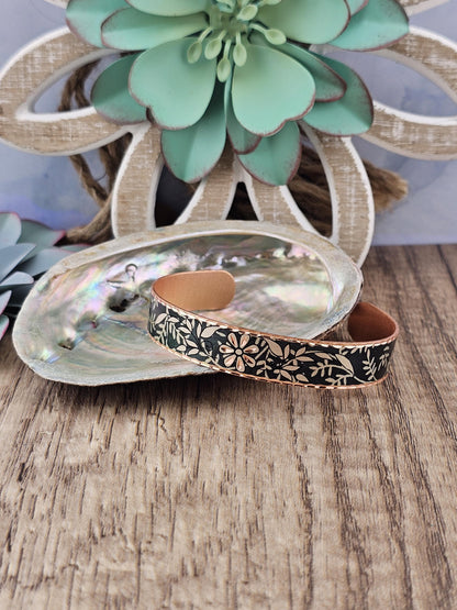 BR - Dark Emerald Green Flower Artisan Bracelet - Beautiful adjustable COPPER cuff bracelet.