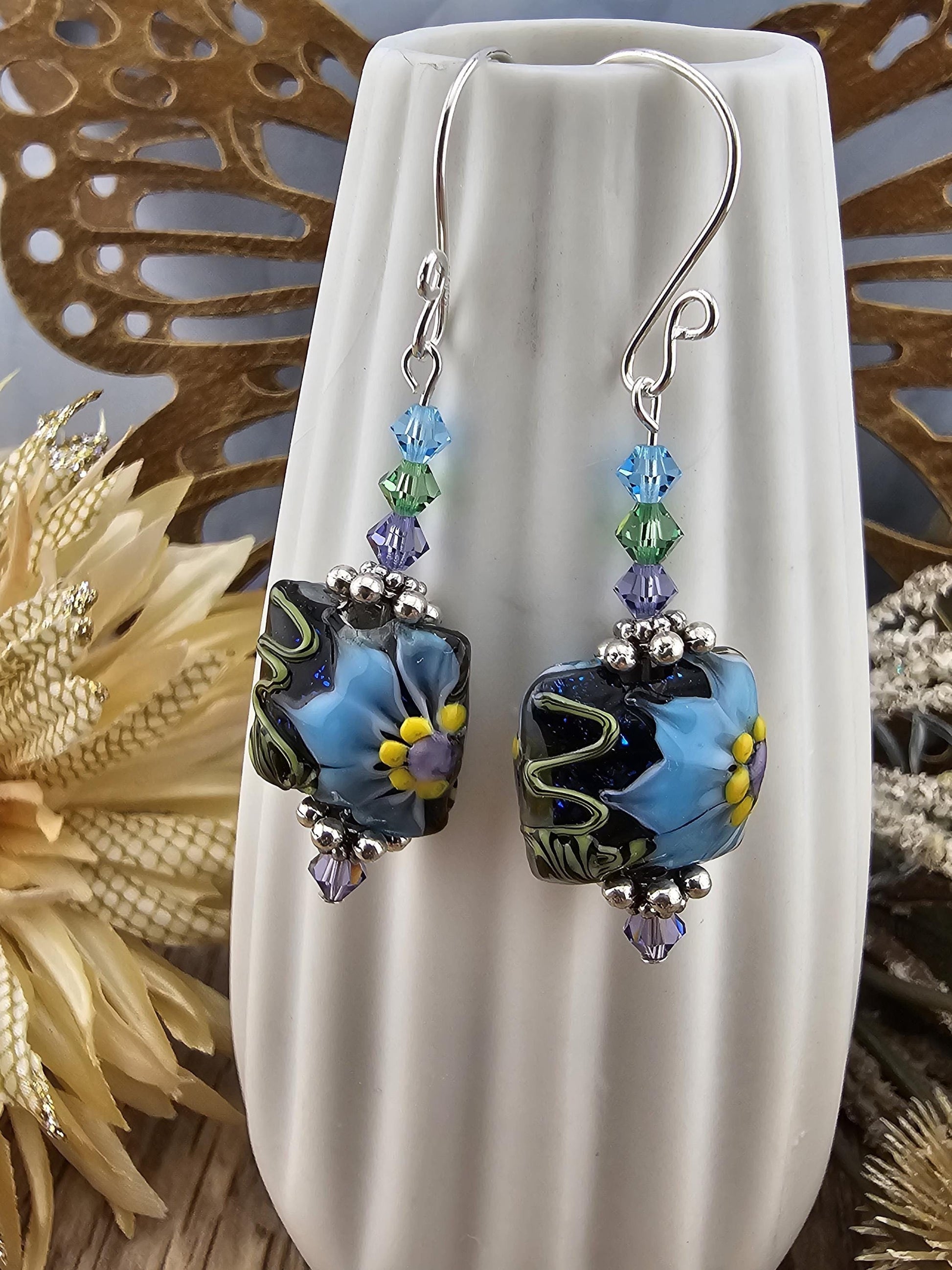 SF Mystic Bloom Artisan Glass Earrings, Lampwork Glass Bead by a talented artisan, Silver Filled Earring Wire