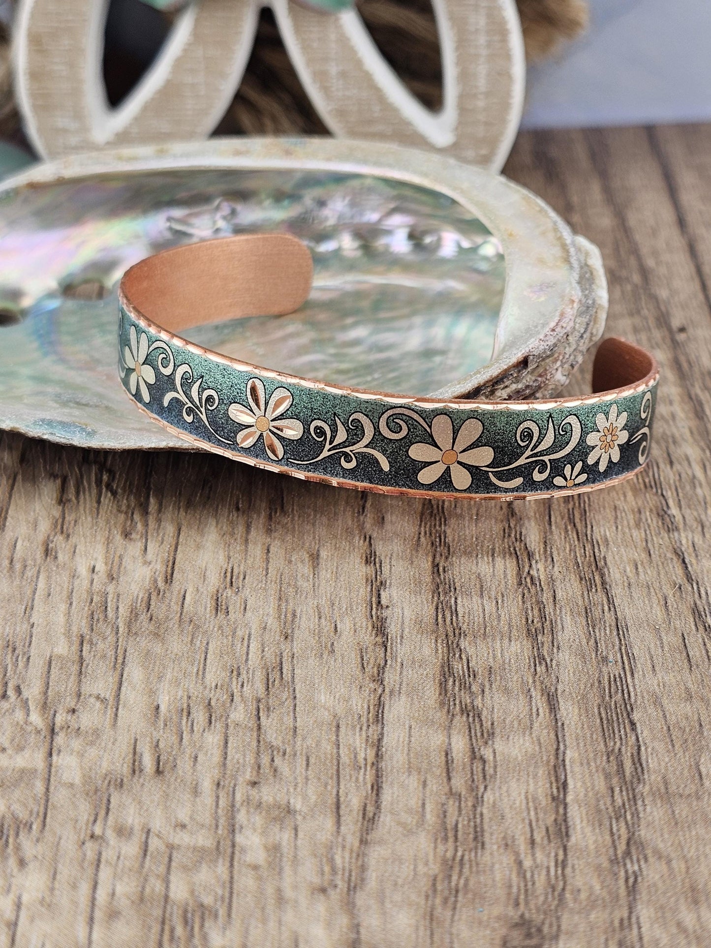 BR - Blue Turquoise Color Flower Artisan Bracelet - Beautiful adjustable COPPER cuff bracelet.