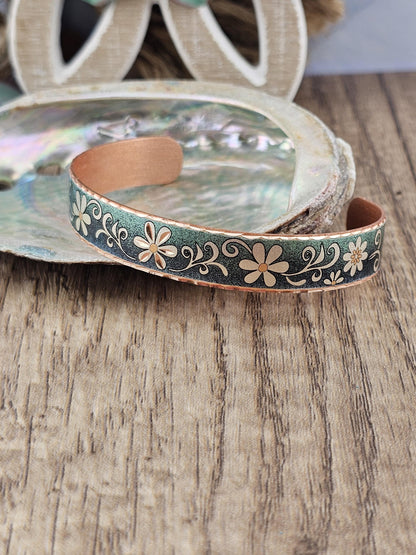 BR - Blue Turquoise Color Flower Artisan Bracelet - Beautiful adjustable COPPER cuff bracelet.