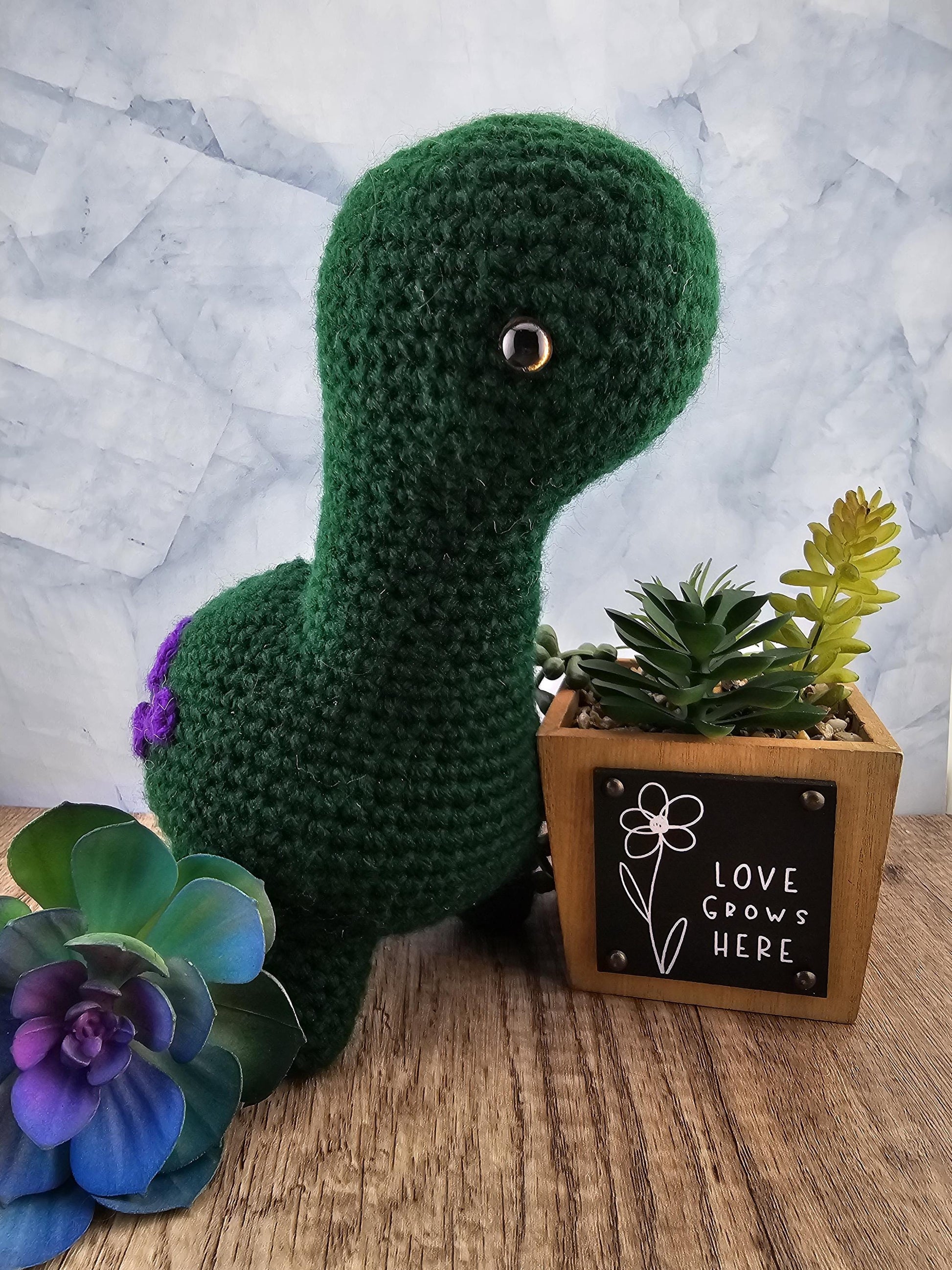 Handcrafted crocheted Green Dinosaur buddy named Barney
