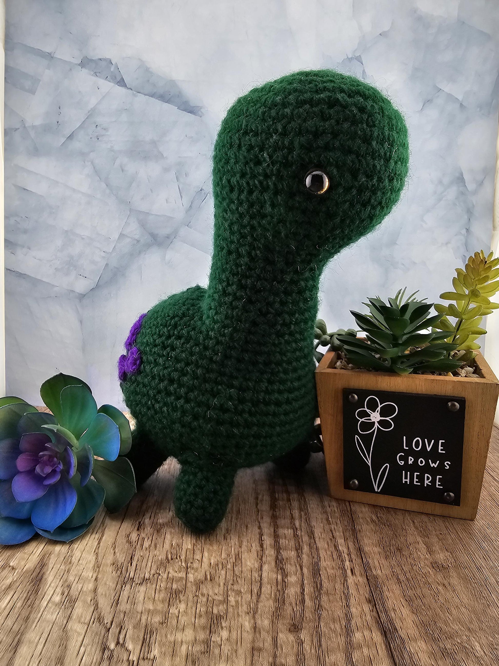 Handcrafted crocheted Green Dinosaur buddy named Barney