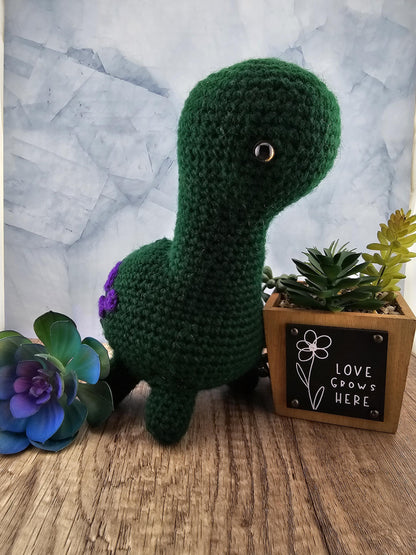 Handcrafted crocheted Green Dinosaur buddy named Barney