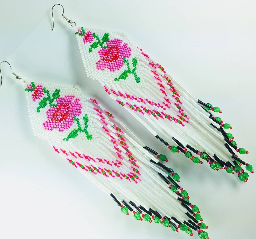 Handmade Glass Beaded White Pink Rose Design Extra Long Earrings