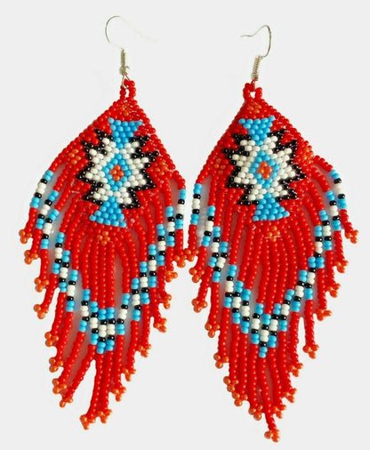 Native Style Ethnic Red White Beaded Handmade Chandelier Hoo