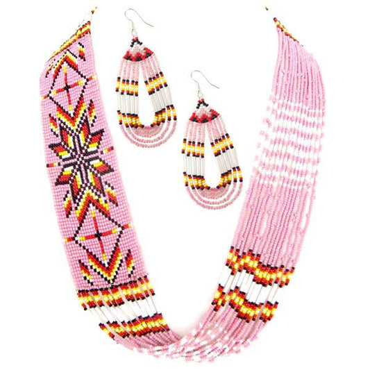 Handmade Beaded Pink Layered Necklace Earrings Set