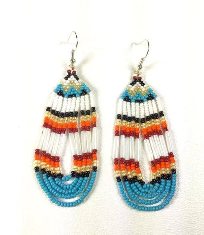 Cyan Blue and Red Handmade Beaded Loop Earrings Lightweight