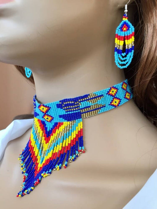 Handmade Blue Multi-Color Choker Necklace Earrings Set