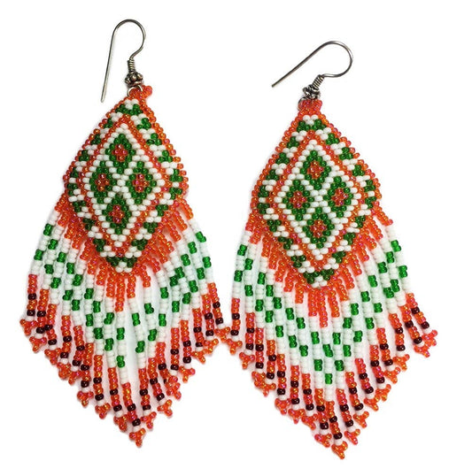 Orange Green White Beaded Geometric Beadwork Earrings