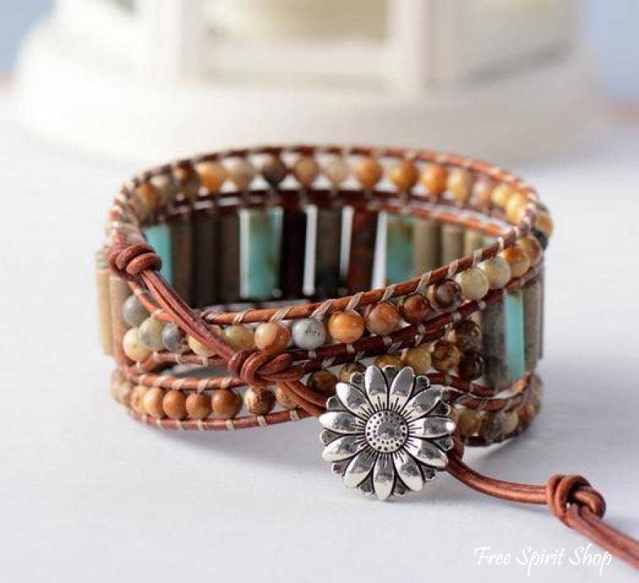 Natural Jasper Leather Wrap Sunflower Bracelet