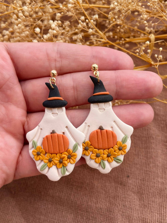 Fall pumpkin ghost clay dangle earrings