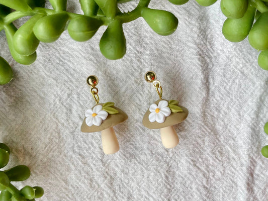 Floral mushroom clay dangle earrings