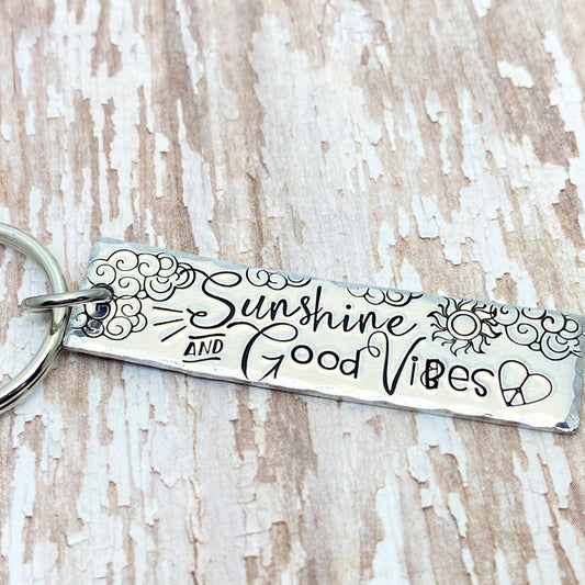 Sunshine & Good Vibes Hand-stamped Simple Tag Keychain