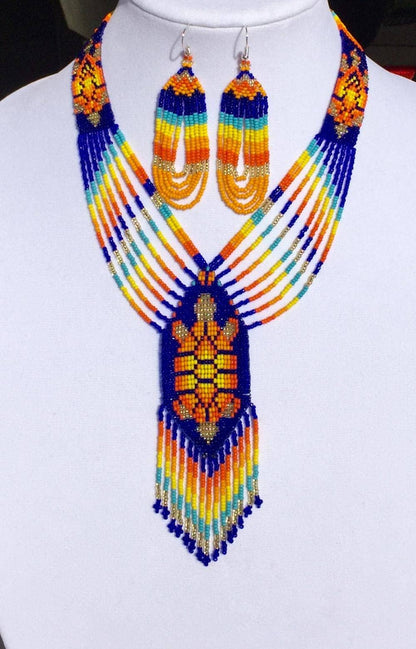 Turtle Beadwork Blue Orange Beaded Lariat Necklace Earrings Set