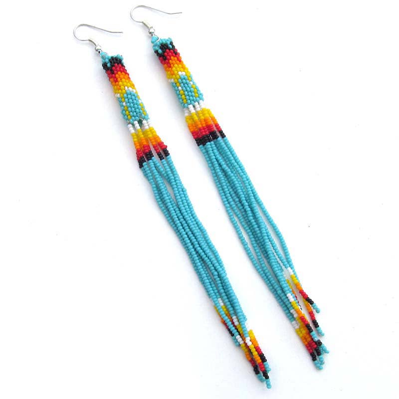 Turquoise Green Glass Seed Beads Beaded Extra Long Earrings 5.5 Inch