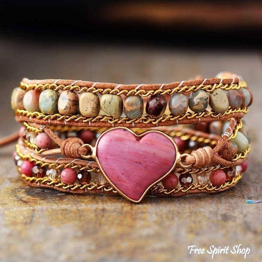 Rhodonite & Jasper Heart Wrap Bracelet, Boho Beaded Strap