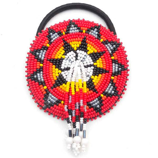 Beaded Ponytail Holder Hair Tie Red Fire Medallion Beadwork