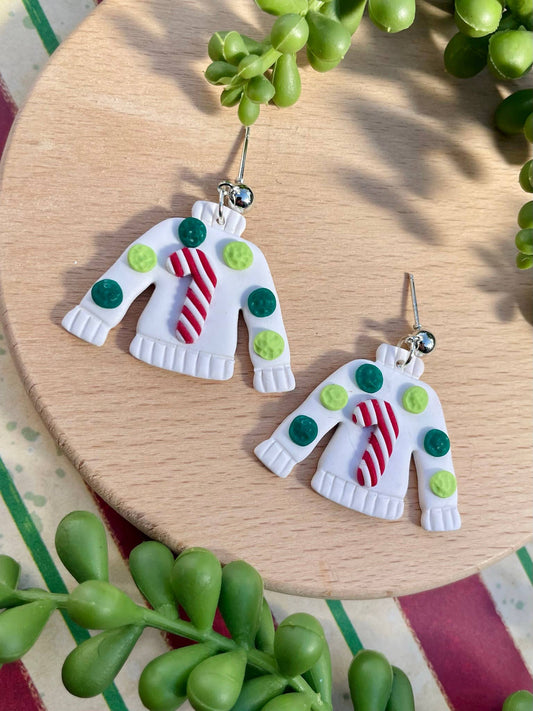 Ugly white Christmas sweater clay dangle earrings