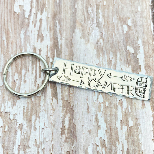 Happy Camper Hand-Stamped Simple Tag Keychain