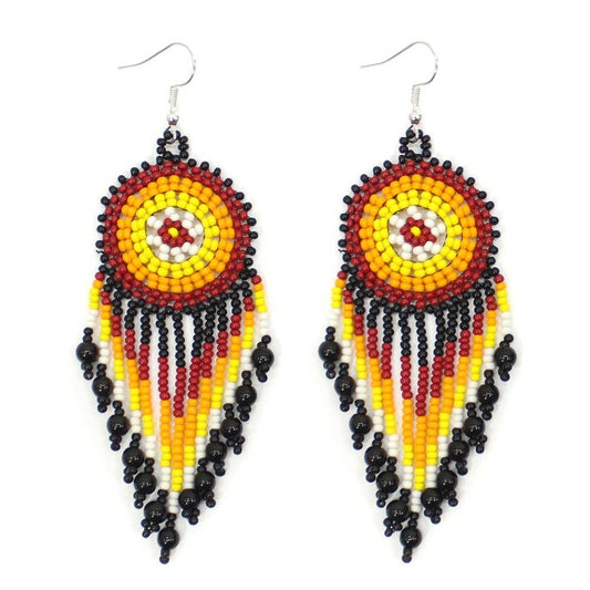 Handmade Beaded Black Medallion Seed Bead Big Native Style Earrings