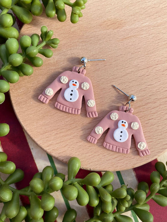 Ugly pink Christmas sweater clay dangle earrings