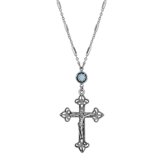 1928 Jewelry - Symbols Of Faith Antiqued Pewter Crucifix Blue Channel Penda