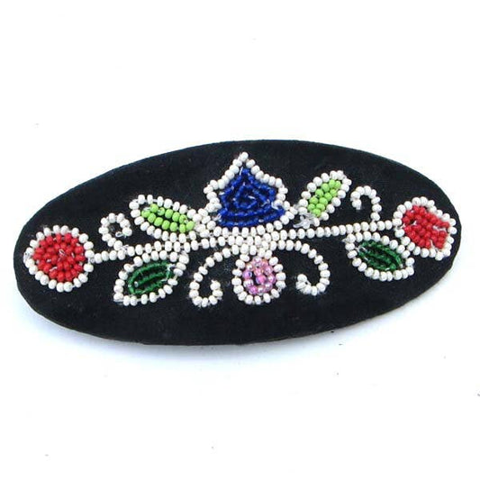 Beaded Barrette French Clip Black White Flowers Beadwork Oval