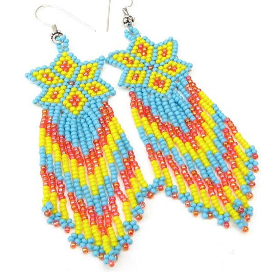 Handmade Beaded Blue Orange Seed Bead Big Earrings