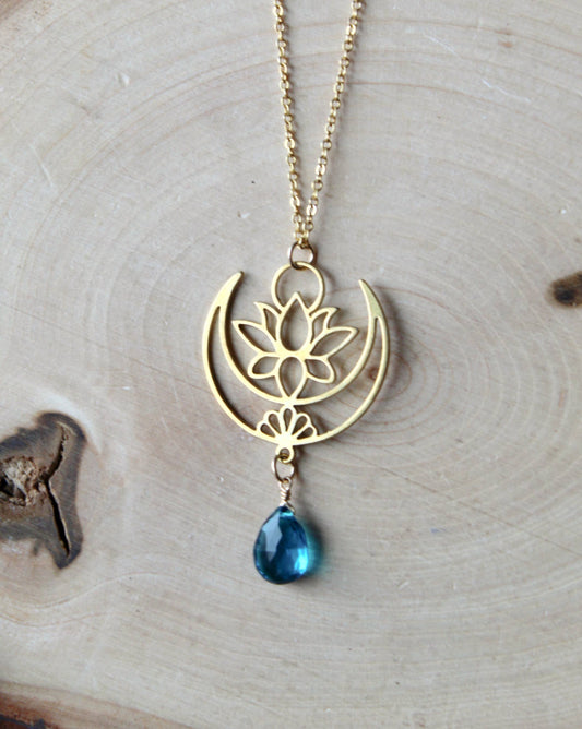 Lotus Flower Necklace, Louts Crescent Moon Necklace