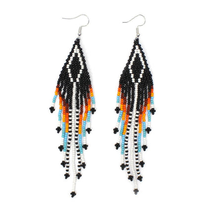 BEADS CORNER - Handmade Beaded Native Style Black Multi-Color Hook Earrings