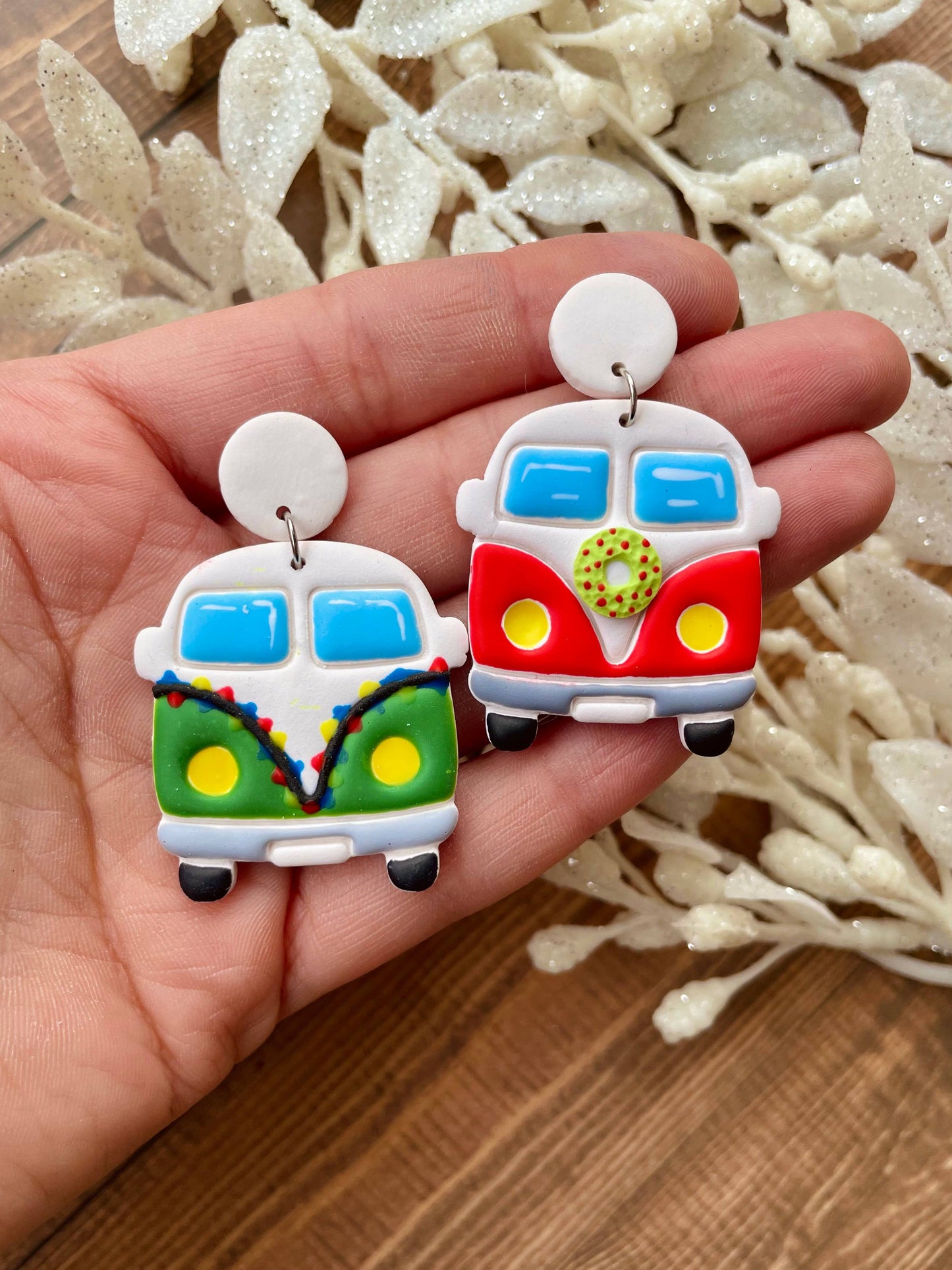 Christmas hippie van handmade polymer clay dangle earrings