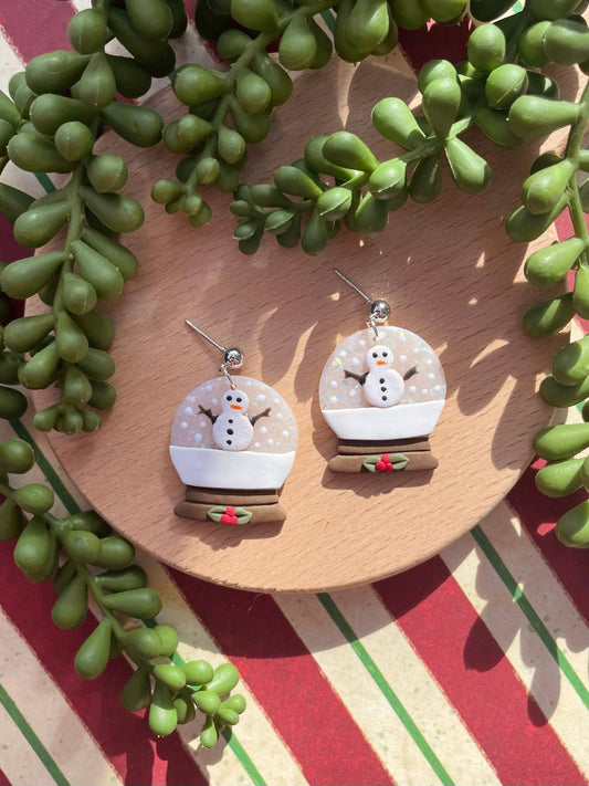 Snowman Christmas snow globe clay dangle earrings