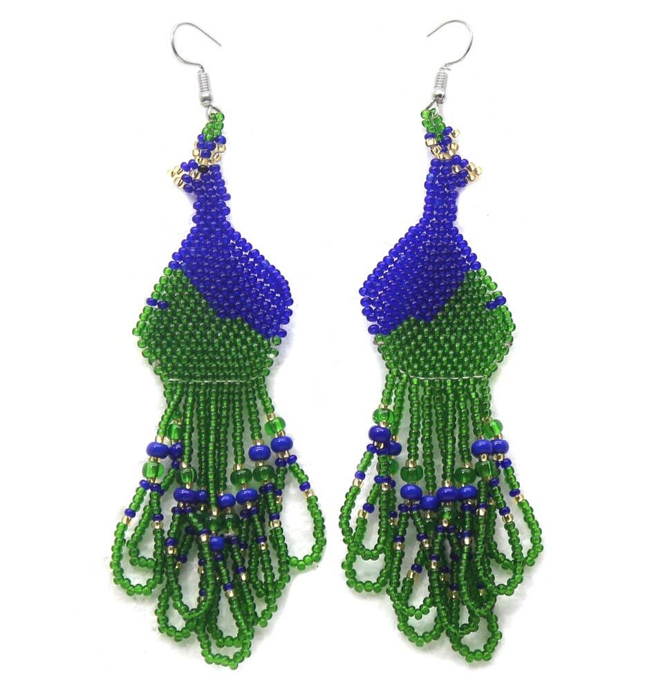 Handmade Blue Green Beaded Native Style Peacock Hook Earrings