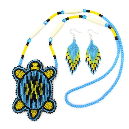 New Handmade Black Blue Turtle Long Necklace Earring Set