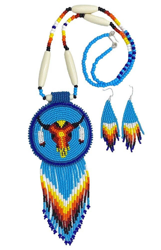 Handmade Turquoise Blue Beaded Bull Skull Medallion Necklace Set