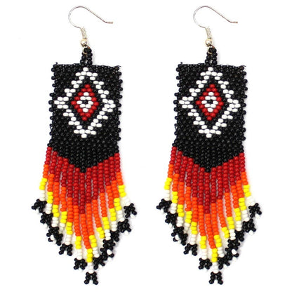 Handmade Seed Beaded Black Multicolored Big Native Style Earrings