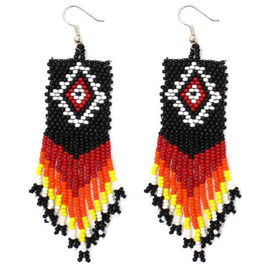 Handmade Seed Beaded Black Multicolored Big Native Style Earrings