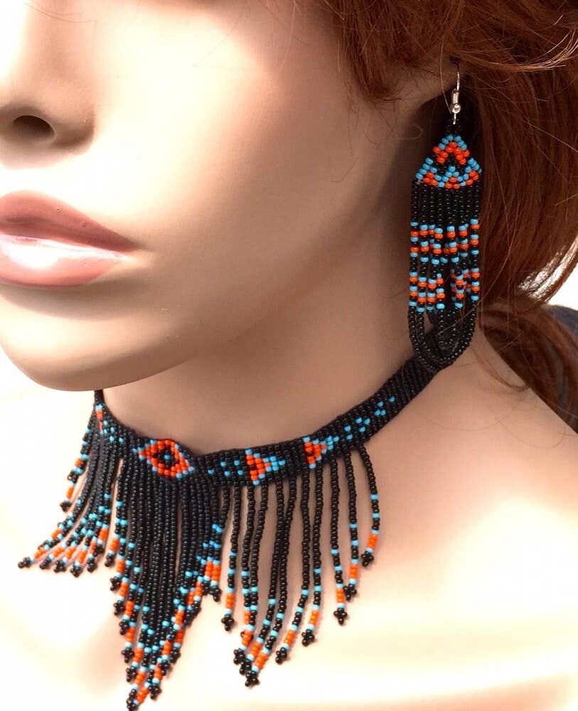 Handmade Black Beaded Necklace Earrings Set